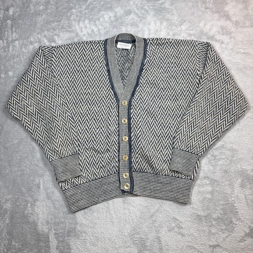 Vintage Tricots St. Raphael Cardigan Sweater Men L Blue Off White Chevron Flaw